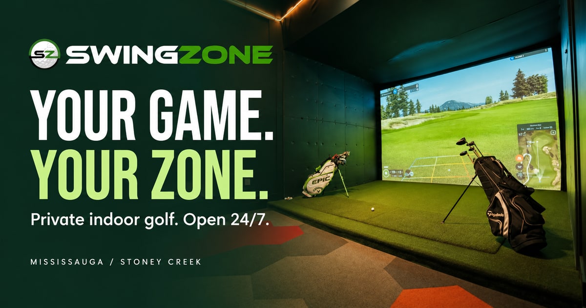 Swing Zone Golf redesign concept artwork with the headline Your Game. Your Zone. over a promotional simulator-room composition.